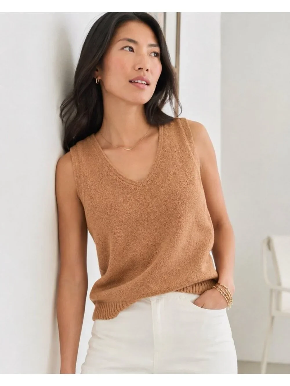 J Crew Womens Slub Sweater Shell XXS Warm Brandy Tan Cotton Minimalist Preppy